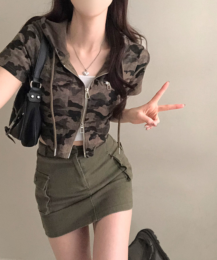 クロップ半袖フードジップアップ KHAKI