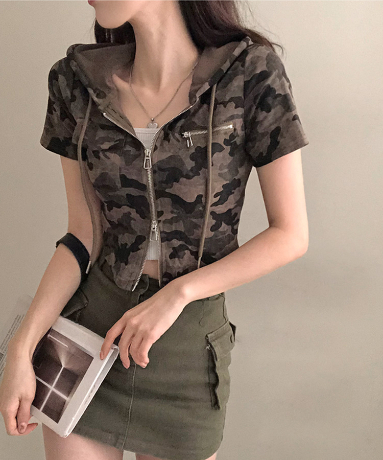 クロップ半袖フードジップアップ KHAKI