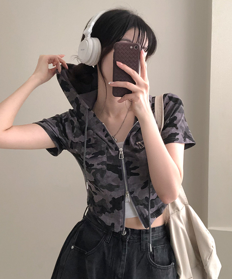 クロップ半袖フードジップアップ DEEP GRAY