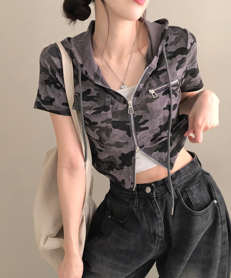クロップ半袖フードジップアップ DEEP GRAY