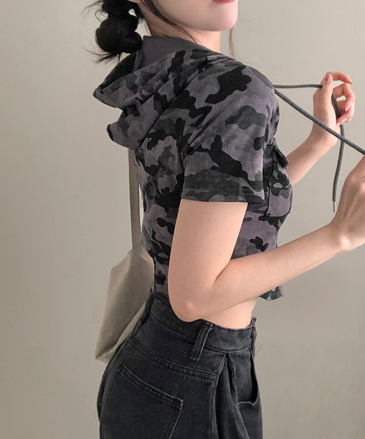 クロップ半袖フードジップアップ DEEP GRAY