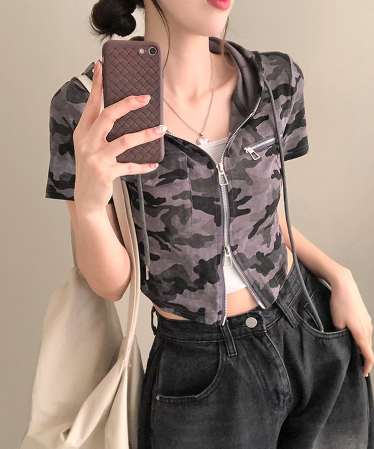 クロップ半袖フードジップアップ DEEP GRAY