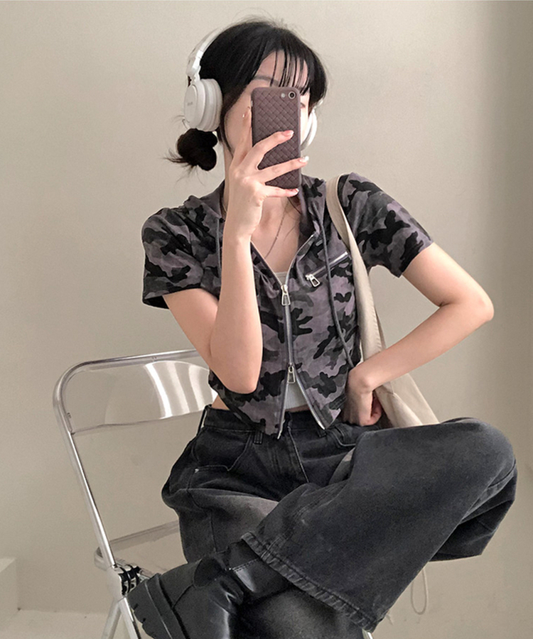 クロップ半袖フードジップアップ DEEP GRAY