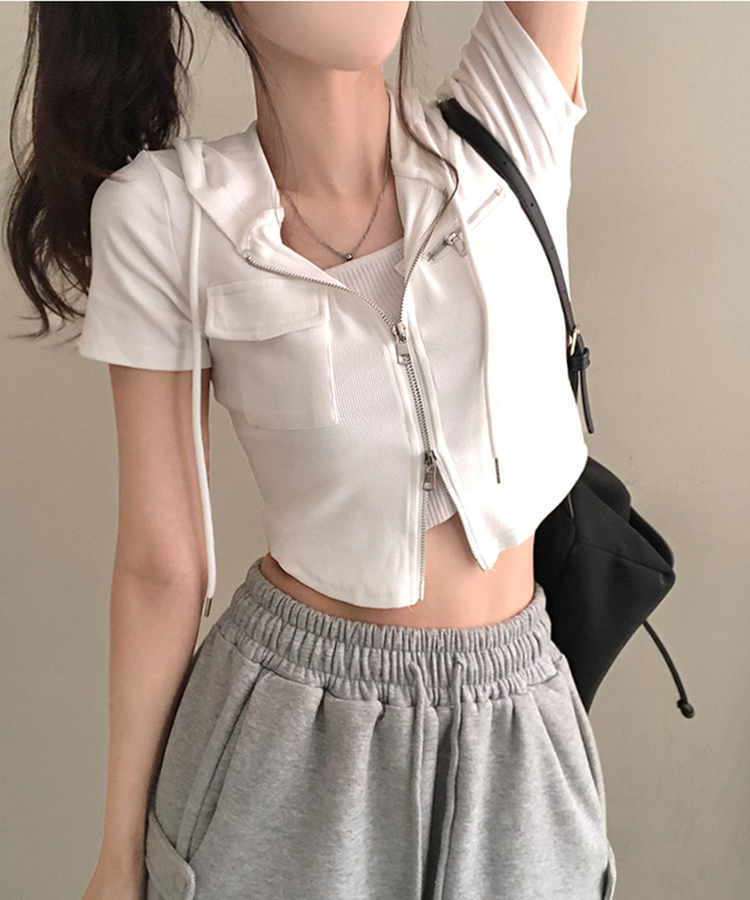 クロップ半袖フードジップアップ IVORY