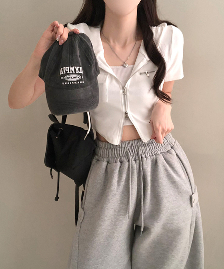 クロップ半袖フードジップアップ IVORY