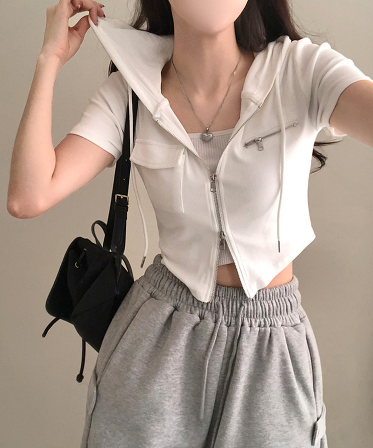 クロップ半袖フードジップアップ IVORY