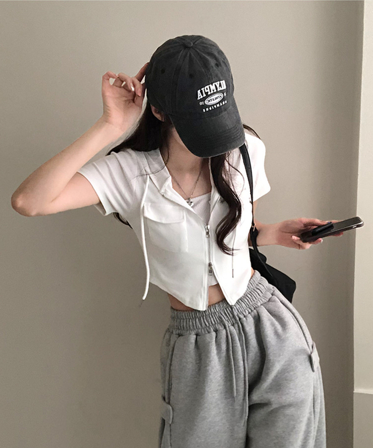 クロップ半袖フードジップアップ IVORY