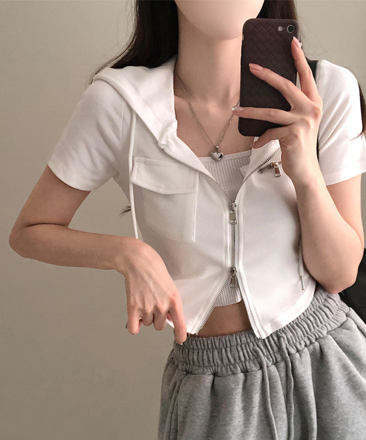 クロップ半袖フードジップアップ IVORY