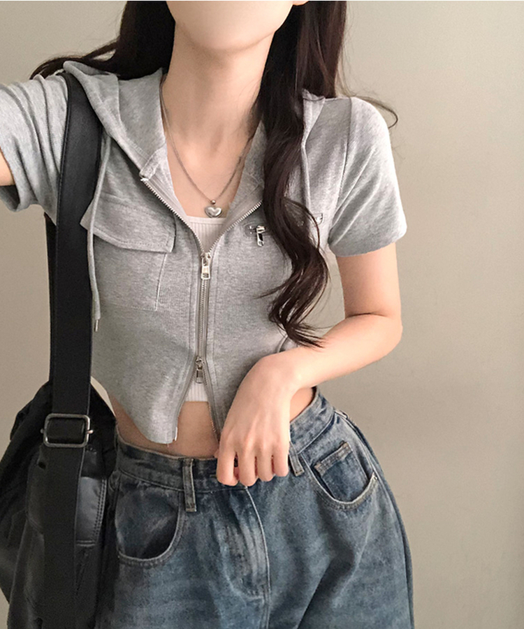 クロップ半袖フードジップアップ LIGHT GRAY