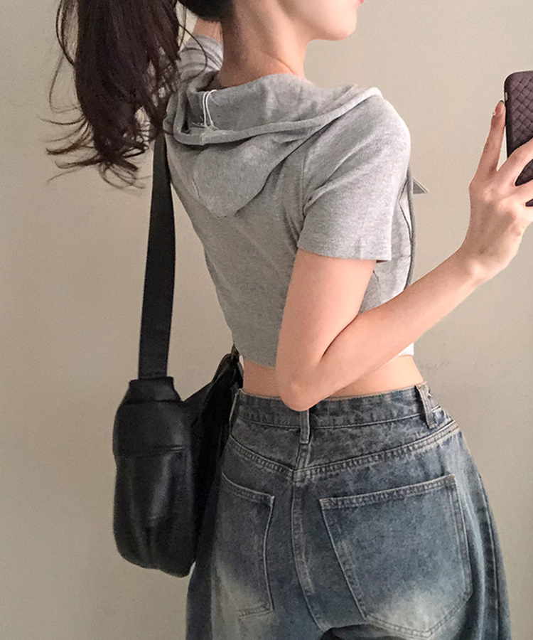 クロップ半袖フードジップアップ LIGHT GRAY