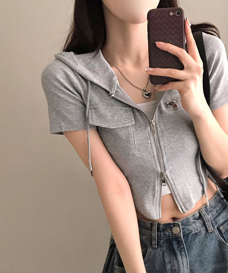 クロップ半袖フードジップアップ LIGHT GRAY