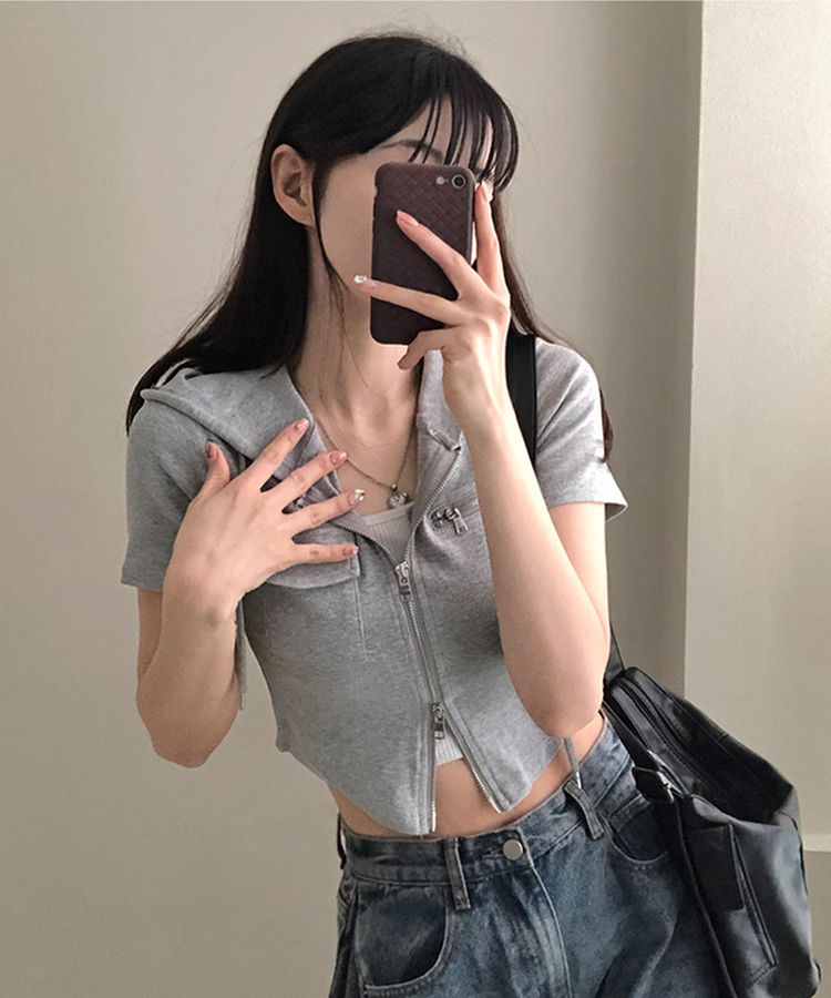 クロップ半袖フードジップアップ LIGHT GRAY
