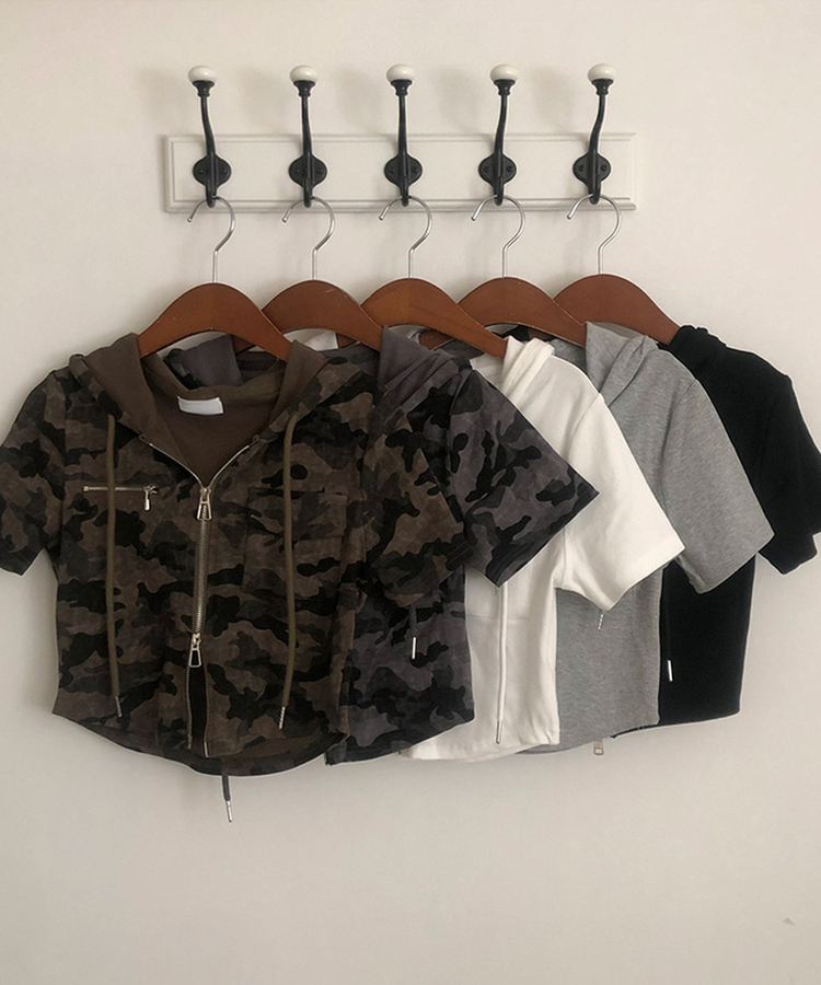 クロップ半袖フードジップアップ