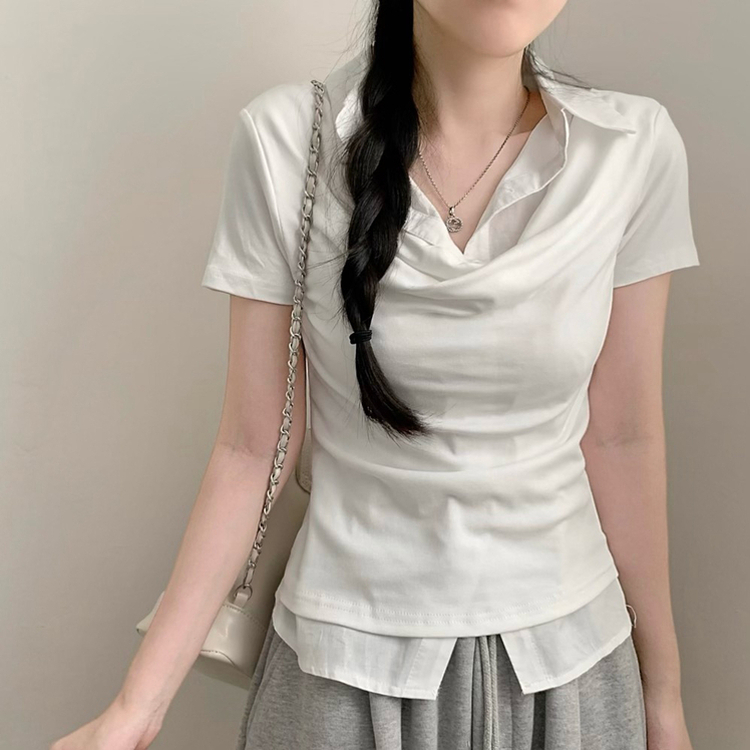 반팔ver 셔츠 레이어드 입술넥 셔링 반팔티 반팔 카라 하객룩 스트라이프 여름옷 여름 상의 아이보리