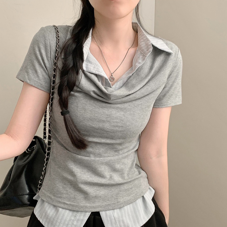 반팔ver 셔츠 레이어드 입술넥 셔링 반팔티 반팔 카라 하객룩 스트라이프 여름옷 여름 상의 그레이