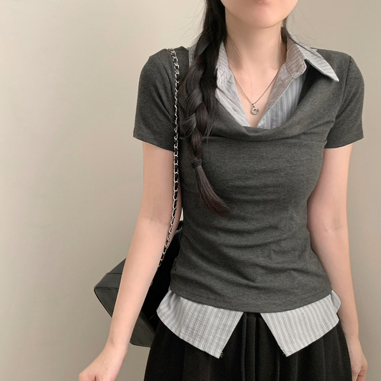반팔ver 셔츠 레이어드 입술넥 셔링 반팔티 반팔 카라 하객룩 스트라이프 여름옷 여름 상의 먹색