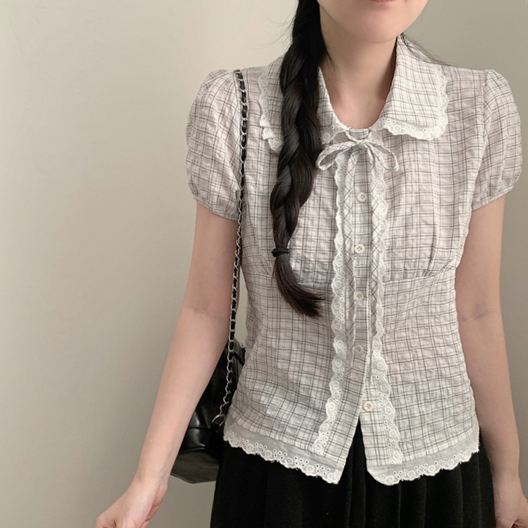レースカラーネックチェック半袖ブラウス IVORY