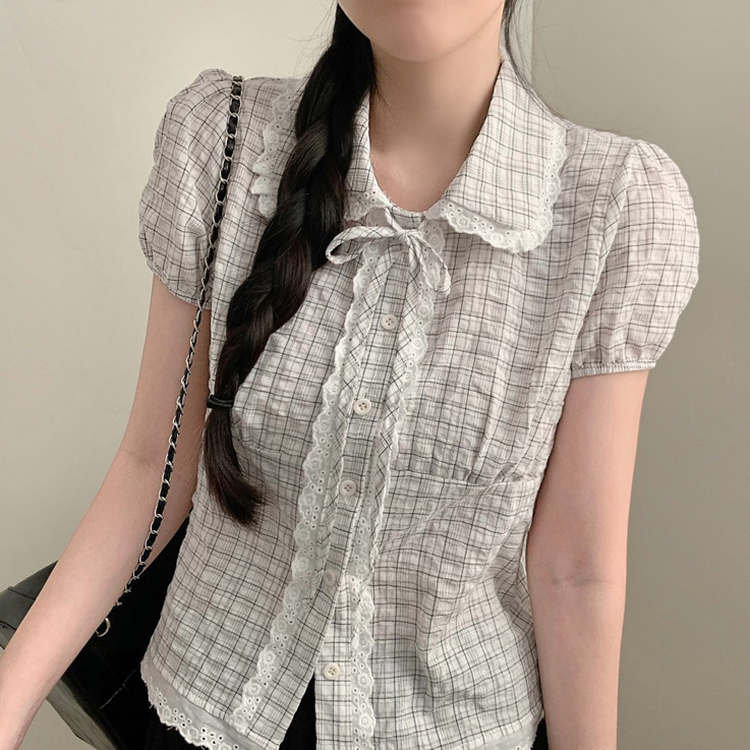 レースカラーネックチェック半袖ブラウス IVORY