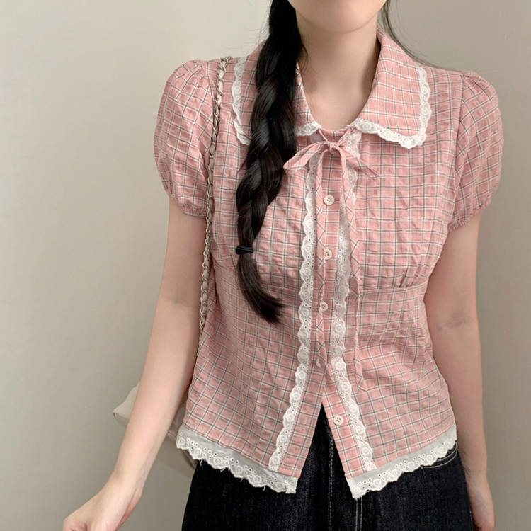 レースカラーネックチェック半袖ブラウス PINK
