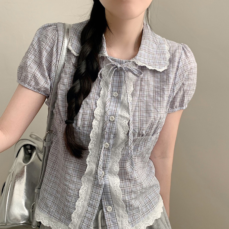 レースカラーネックチェック半袖ブラウス SKY BLUE
