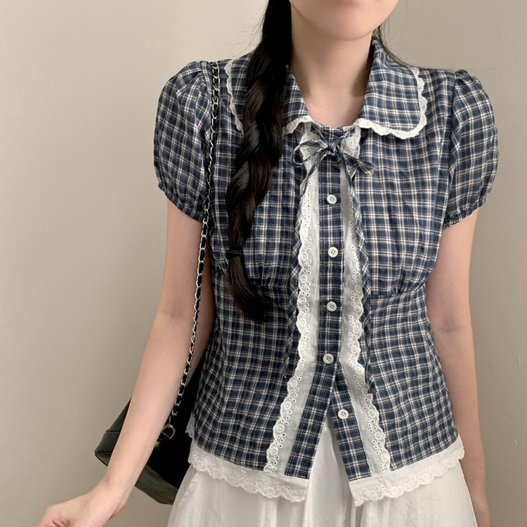レースカラーネックチェック半袖ブラウス DARK BLUE
