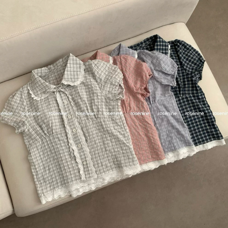 レースカラーネックチェック半袖ブラウス