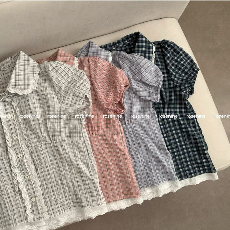 レースカラーネックチェック半袖ブラウス