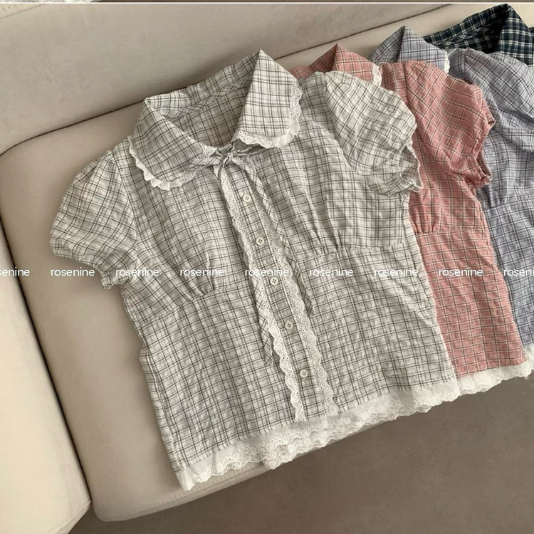 レースカラーネックチェック半袖ブラウス