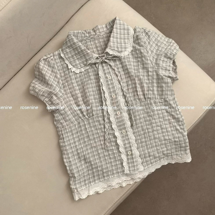 レースカラーネックチェック半袖ブラウス