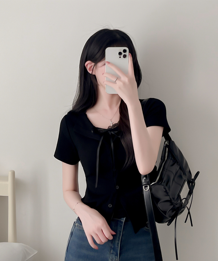 【SET】リボンレースリブトップス 半袖カーディガン BLACK