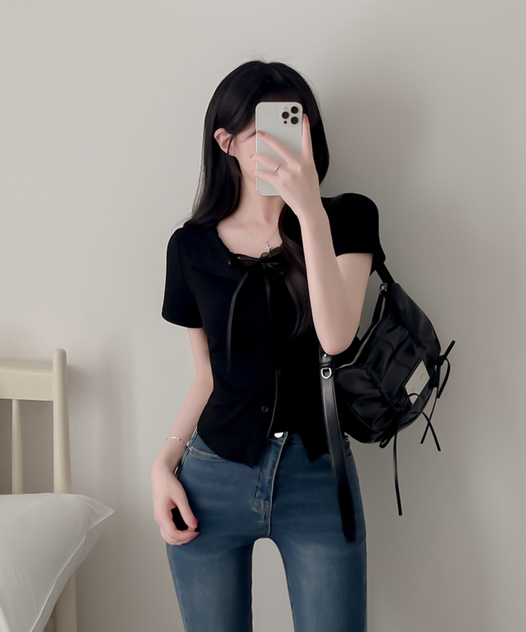 【SET】リボンレースリブトップス 半袖カーディガン BLACK