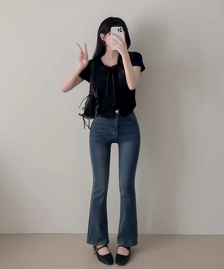 【SET】リボンレースリブトップス 半袖カーディガン BLACK