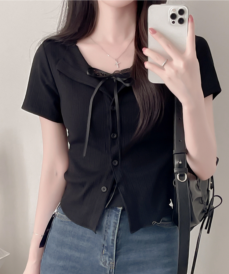 【SET】リボンレースリブトップス 半袖カーディガン BLACK