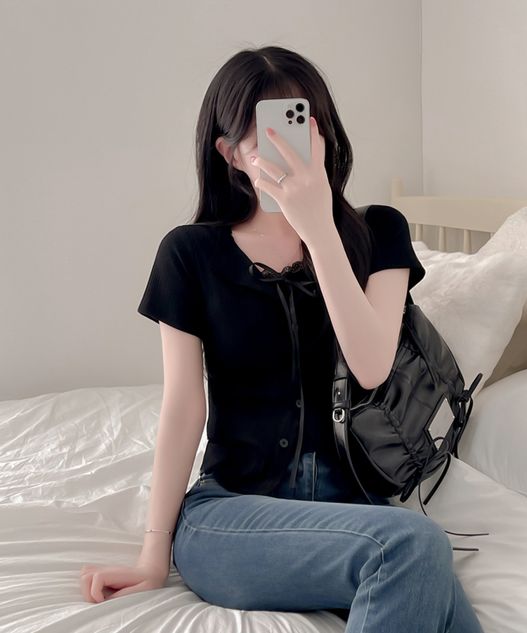 【SET】リボンレースリブトップス 半袖カーディガン BLACK