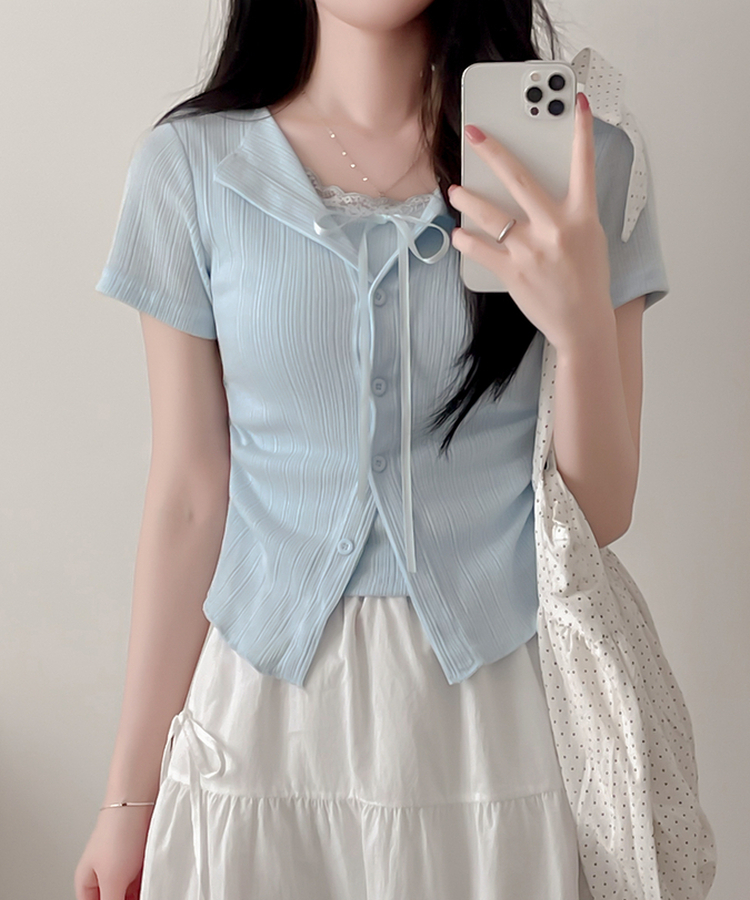 【SET】リボンレースリブトップス 半袖カーディガン SKY BLUE