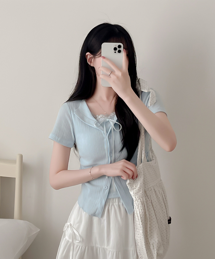 【SET】リボンレースリブトップス 半袖カーディガン SKY BLUE