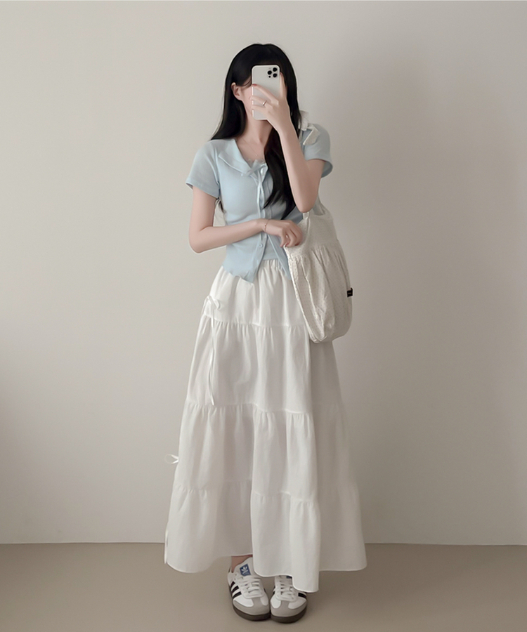 【SET】リボンレースリブトップス 半袖カーディガン SKY BLUE