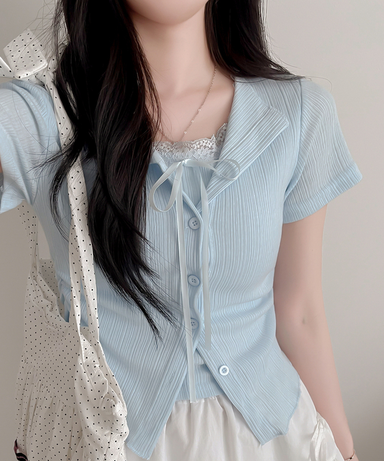 【SET】リボンレースリブトップス 半袖カーディガン SKY BLUE