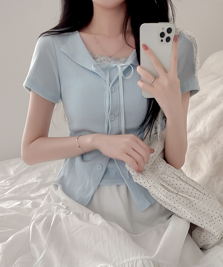 【SET】リボンレースリブトップス 半袖カーディガン SKY BLUE