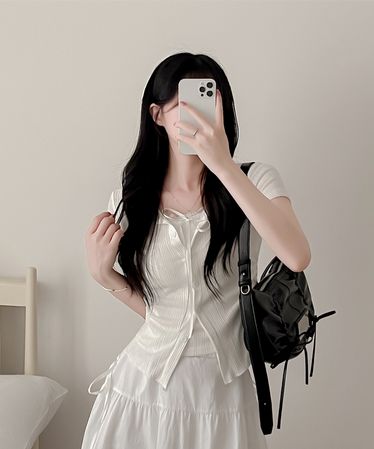 【SET】リボンレースリブトップス 半袖カーディガン IVORY