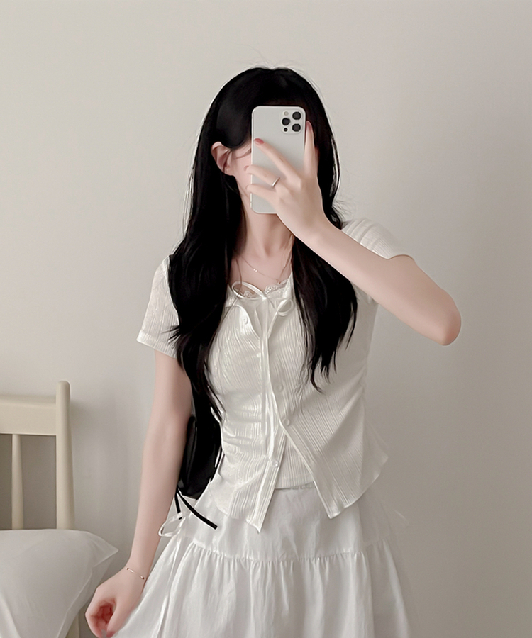 【SET】リボンレースリブトップス 半袖カーディガン IVORY