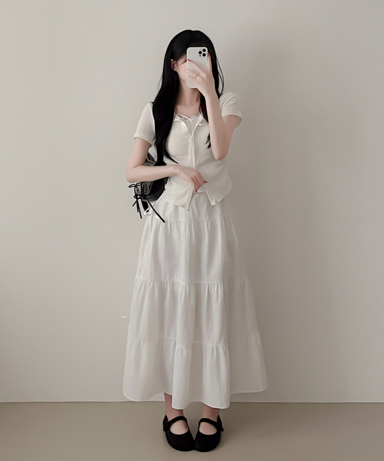 【SET】リボンレースリブトップス 半袖カーディガン IVORY