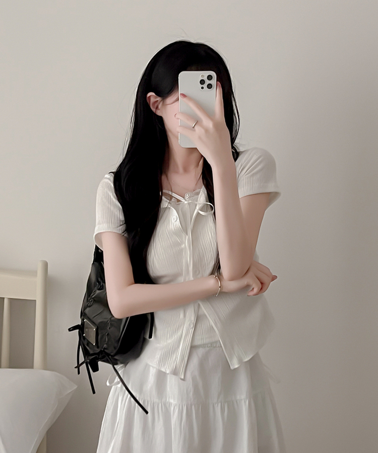 【SET】リボンレースリブトップス 半袖カーディガン IVORY