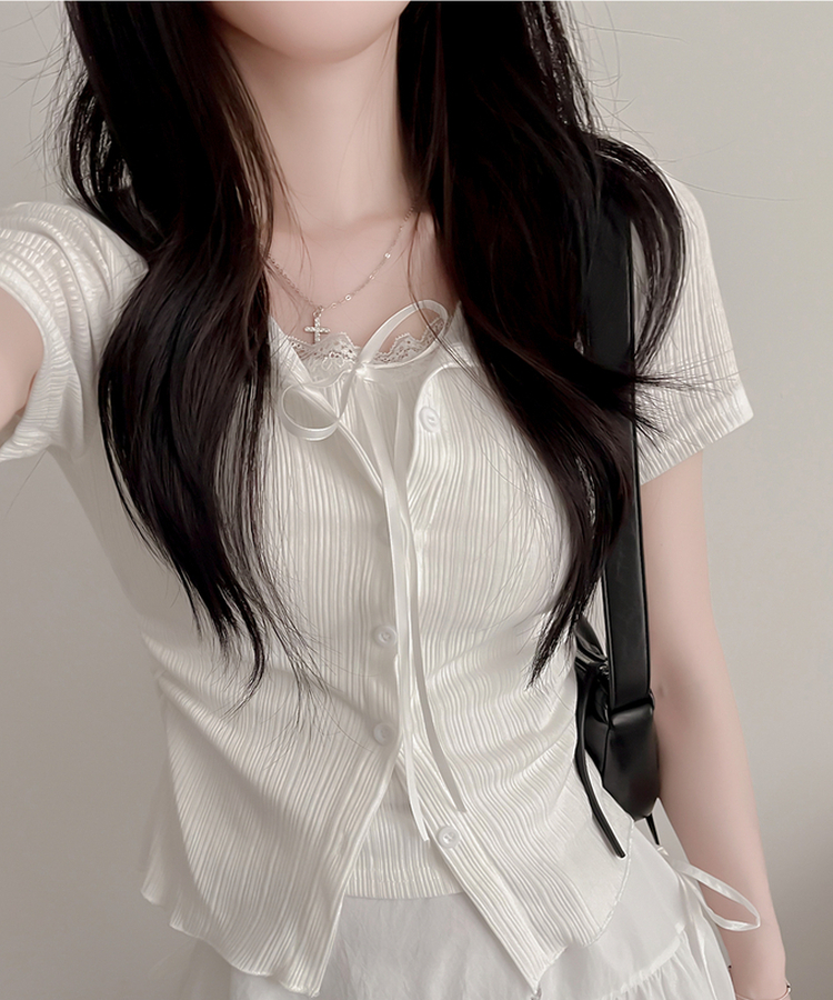 【SET】リボンレースリブトップス 半袖カーディガン IVORY