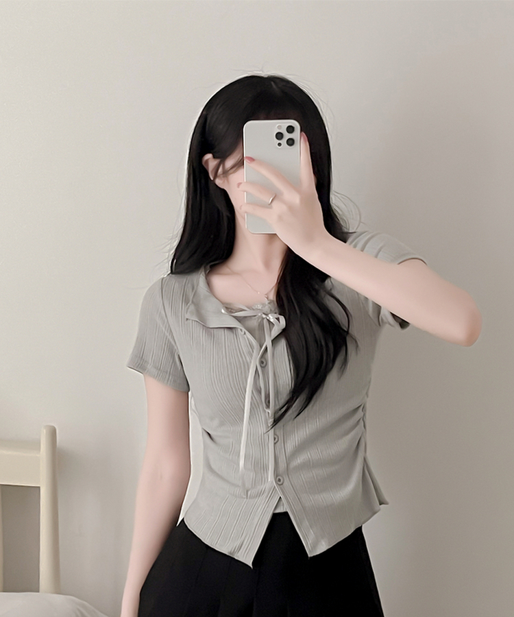 【SET】リボンレースリブトップス 半袖カーディガン GRAY