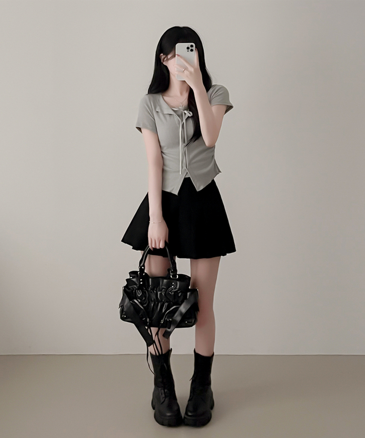 【SET】リボンレースリブトップス 半袖カーディガン GRAY