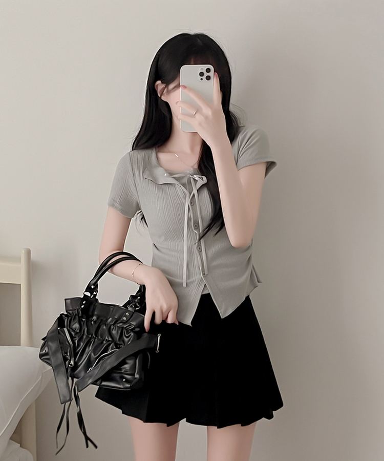 【SET】リボンレースリブトップス 半袖カーディガン GRAY