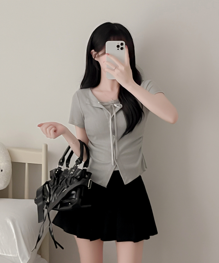 【SET】リボンレースリブトップス 半袖カーディガン GRAY