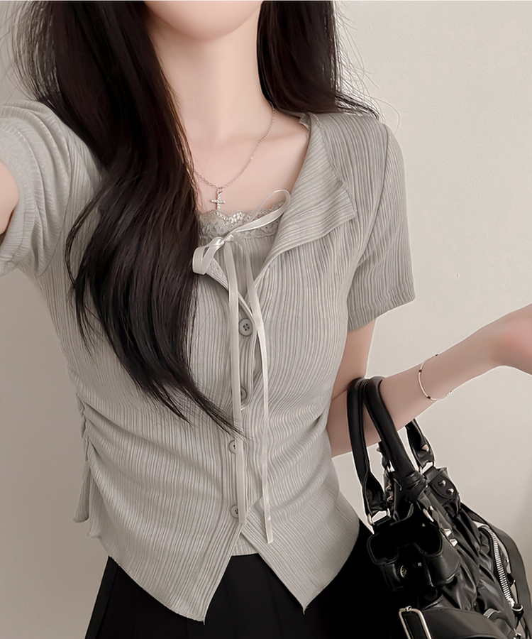 【SET】リボンレースリブトップス 半袖カーディガン GRAY