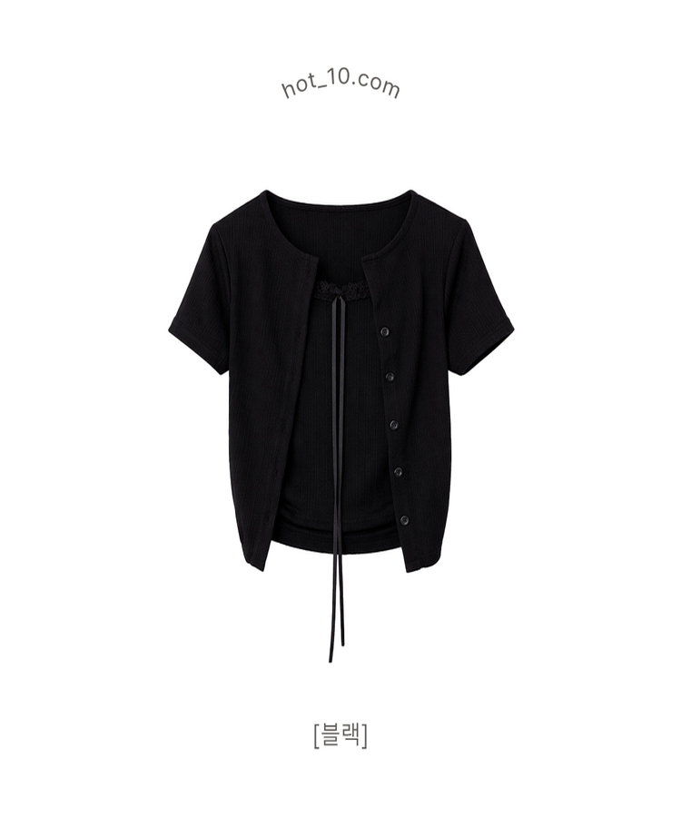 【SET】リボンレースリブトップス 半袖カーディガン